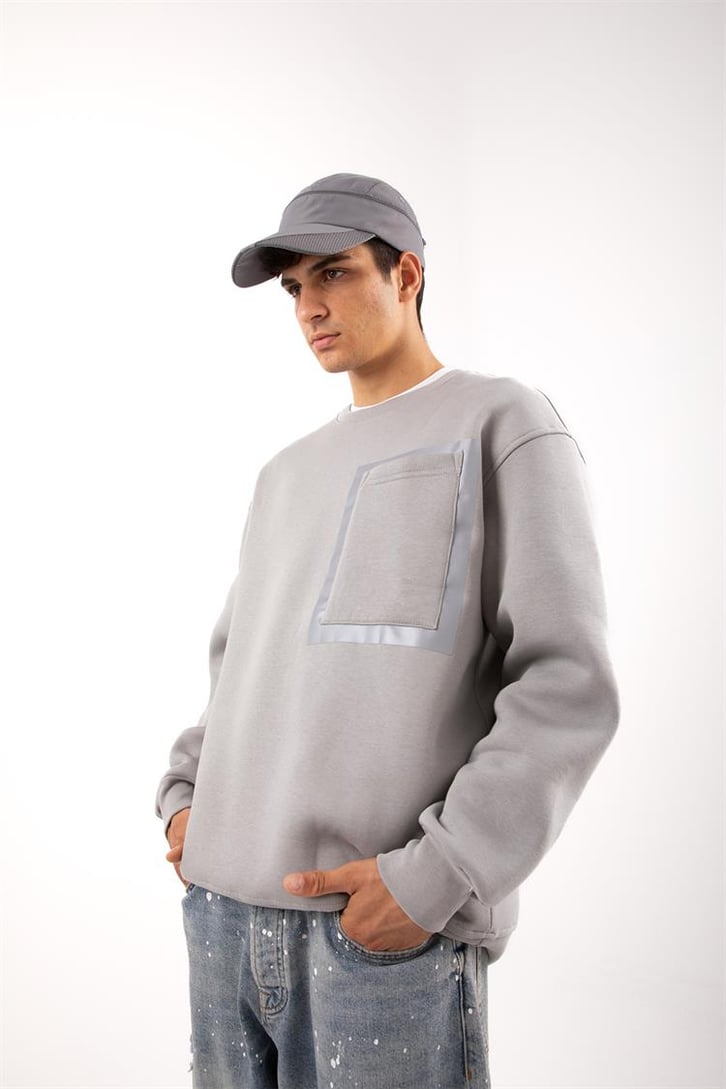 Cep Detaylı Gri Oversize Sweatshirt