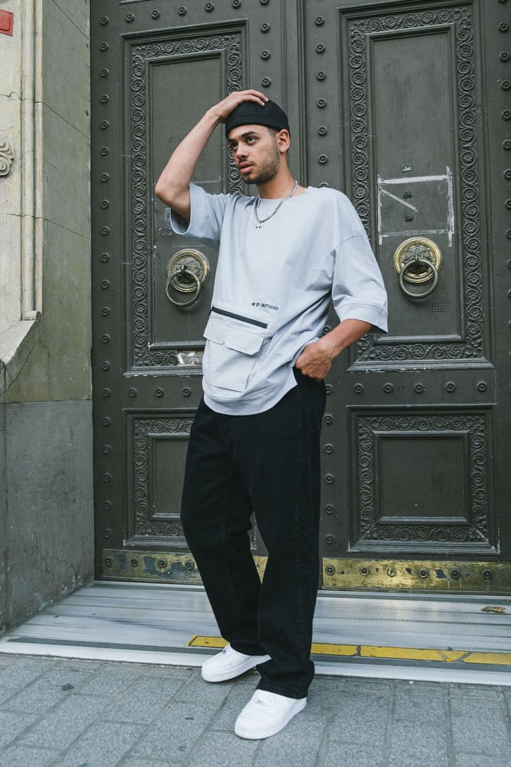 Cep Detaylı Gri Oversize Tshirt