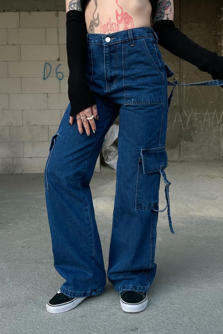 Cep Detaylı Mavi Baggy Jean