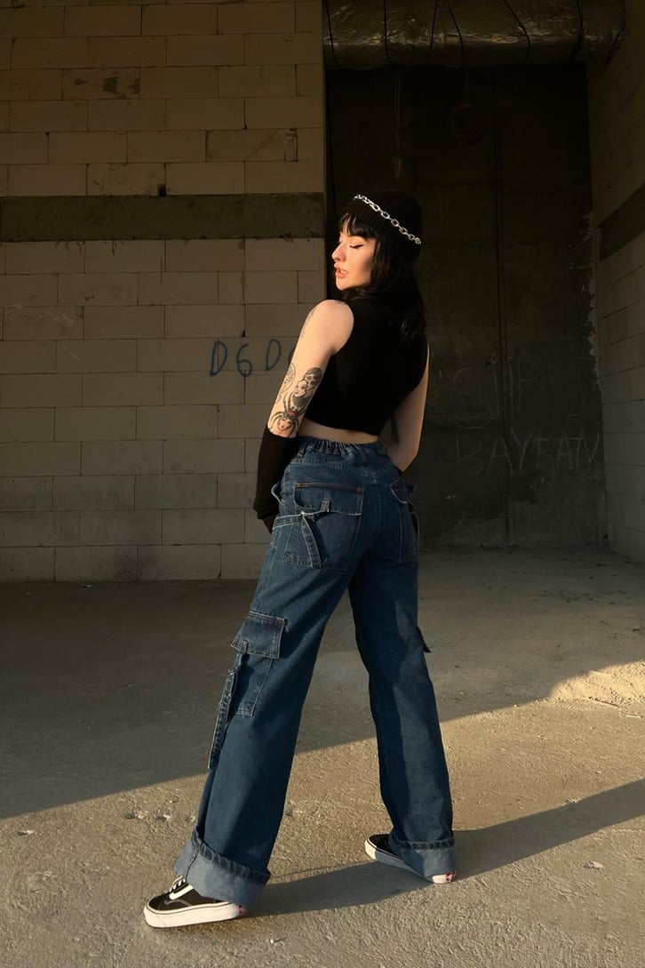 Cep Detaylı Mavi Baggy Jean