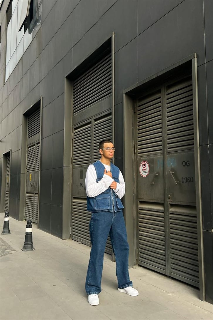 Cep Detaylı Mavi Zipper Kot Yelek