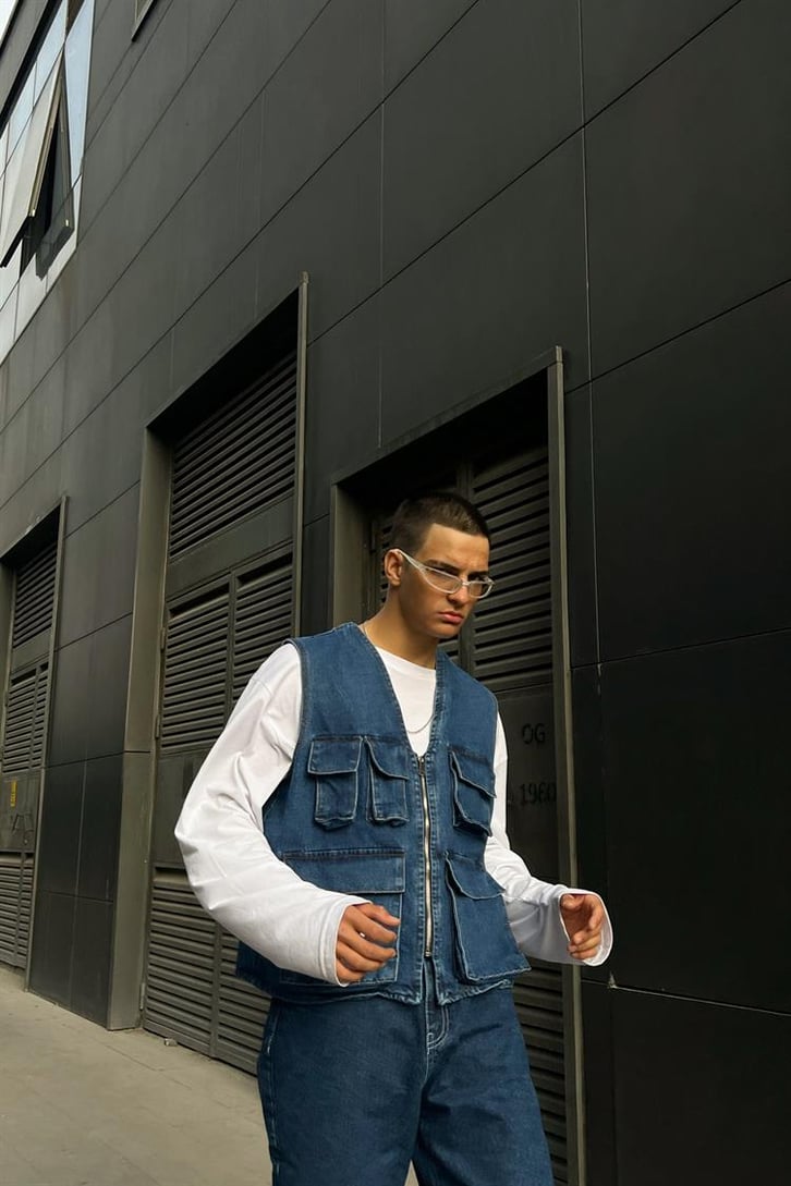 Cep Detaylı Mavi Zipper Kot Yelek