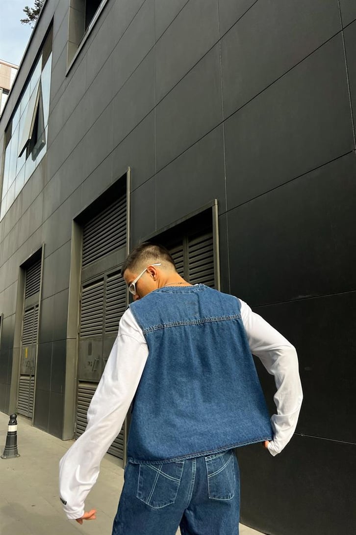 Cep Detaylı Mavi Zipper Kot Yelek