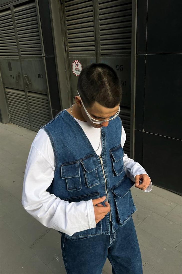 Cep Detaylı Mavi Zipper Kot Yelek