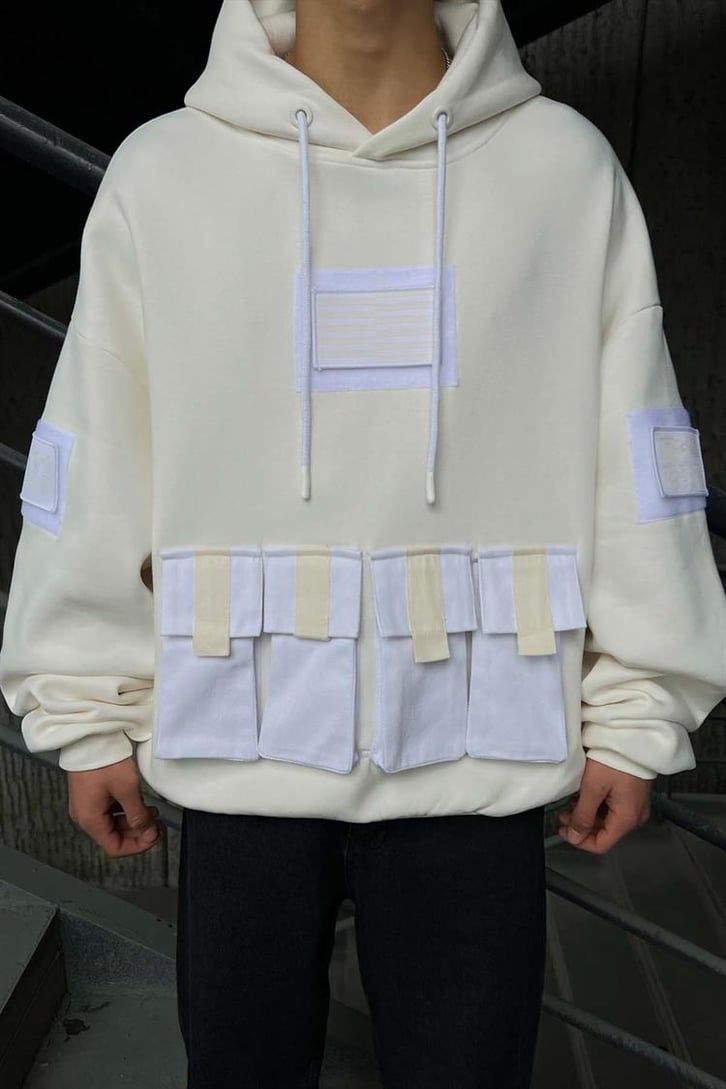 Cep Detaylı Taş Rengi Oversize Sweatshirt