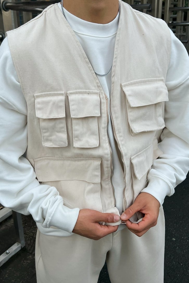Cepli Taş Rengi Zipper Kot Yelek