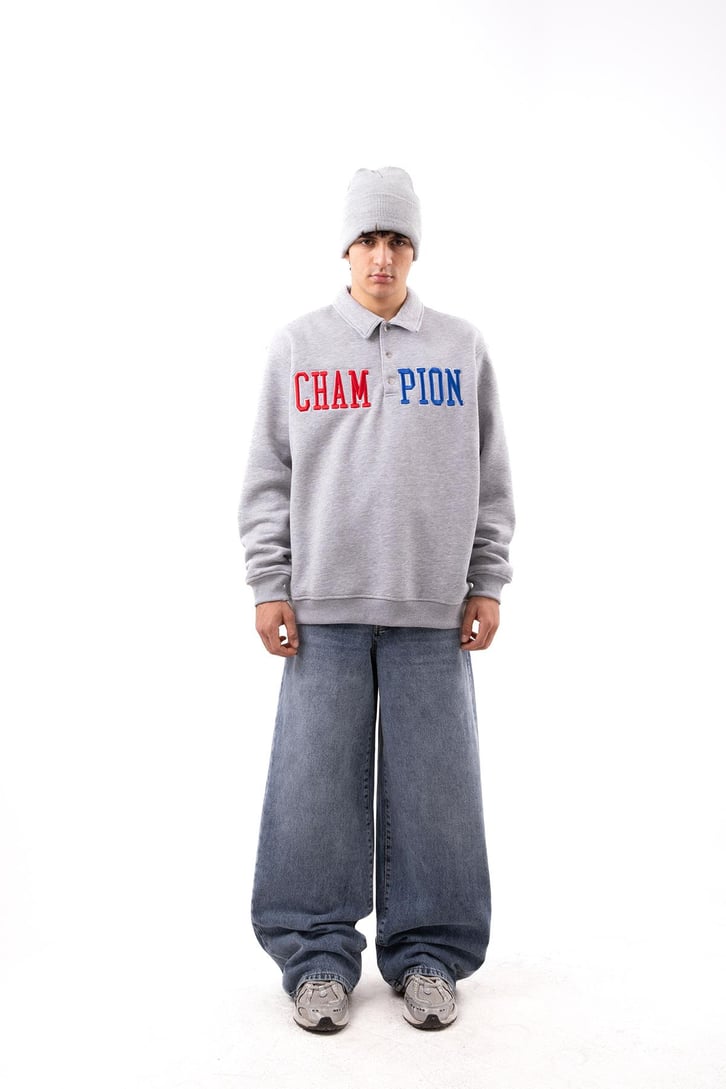 Champ Nakışlı Polo Yaka Gri Oversize Sweatshirt