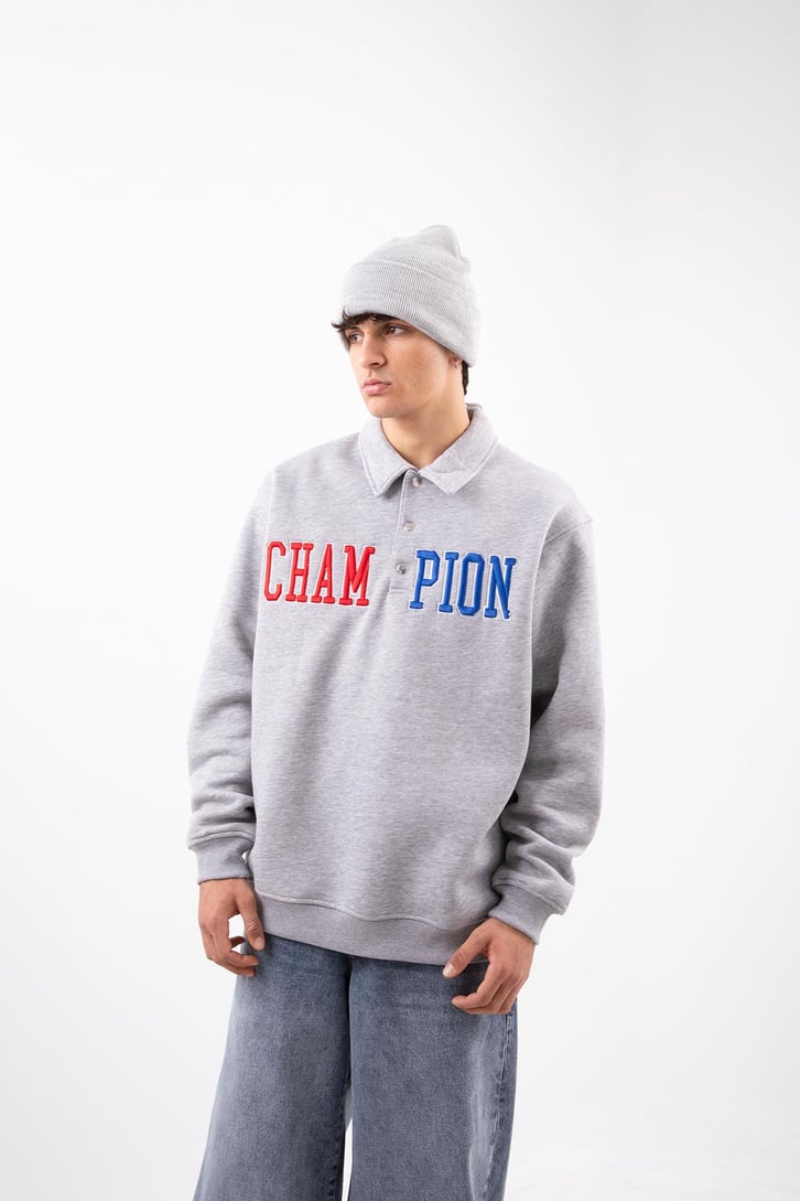 Champ Nakışlı Polo Yaka Gri Oversize Sweatshirt