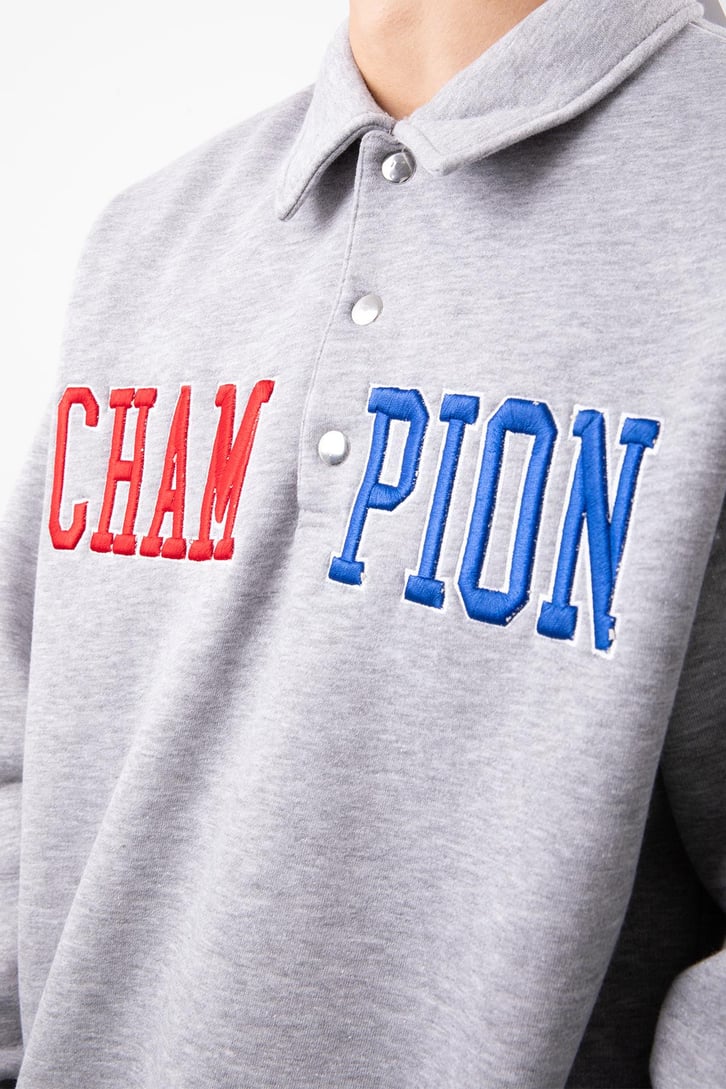 Champ Nakışlı Polo Yaka Gri Oversize Sweatshirt
