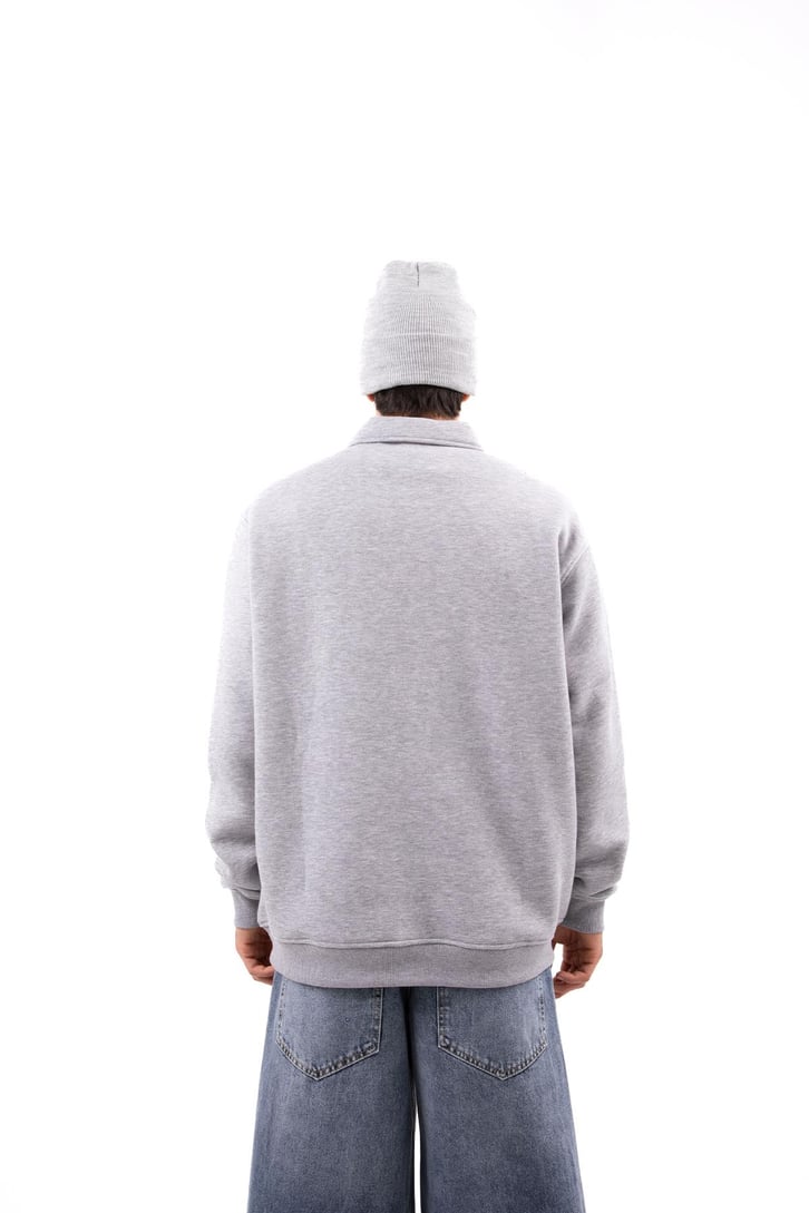 Champ Nakışlı Polo Yaka Gri Oversize Sweatshirt