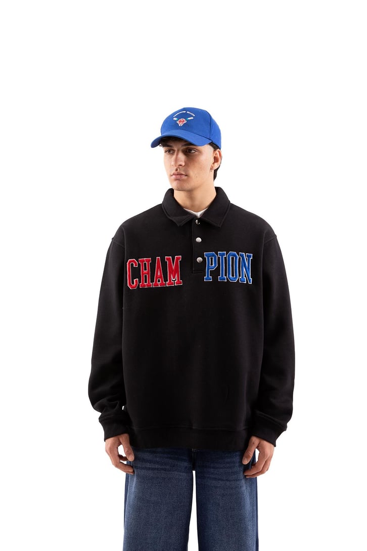 Champ Nakışlı Polo Yaka Siyah Oversize Sweatshirt