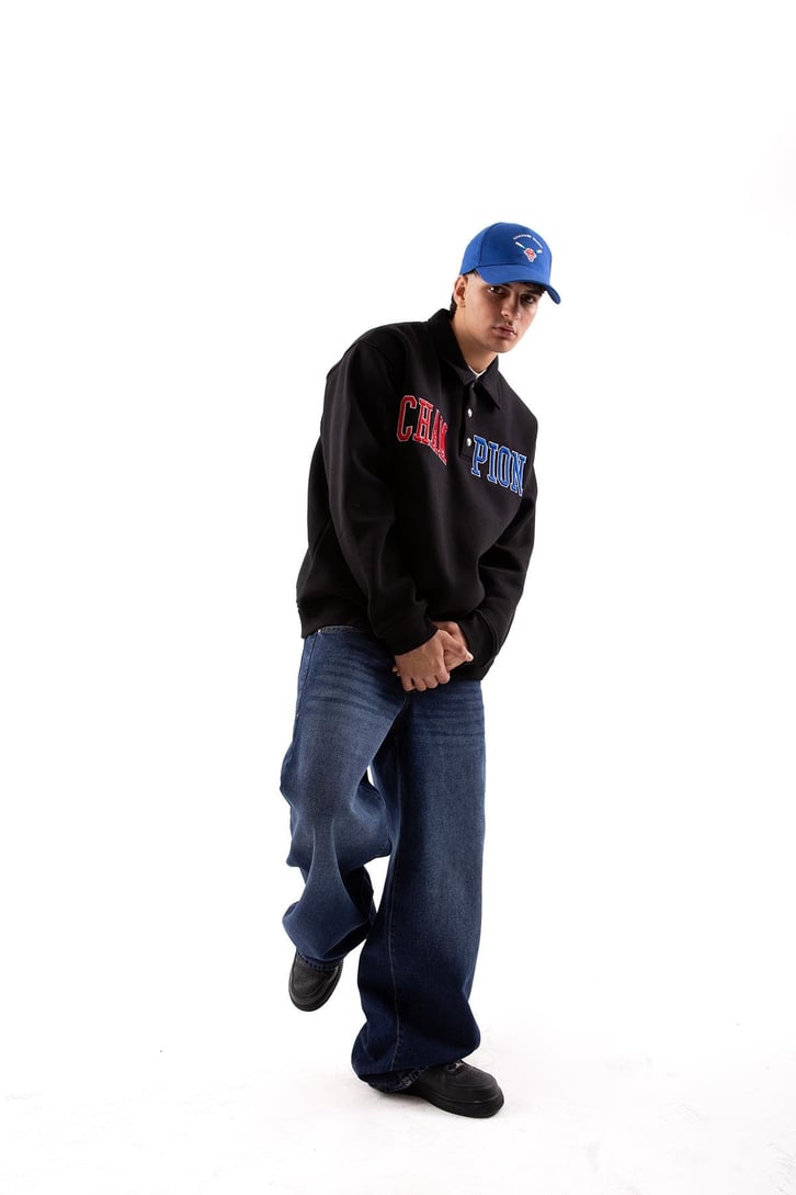 Champ Nakışlı Polo Yaka Siyah Oversize Sweatshirt