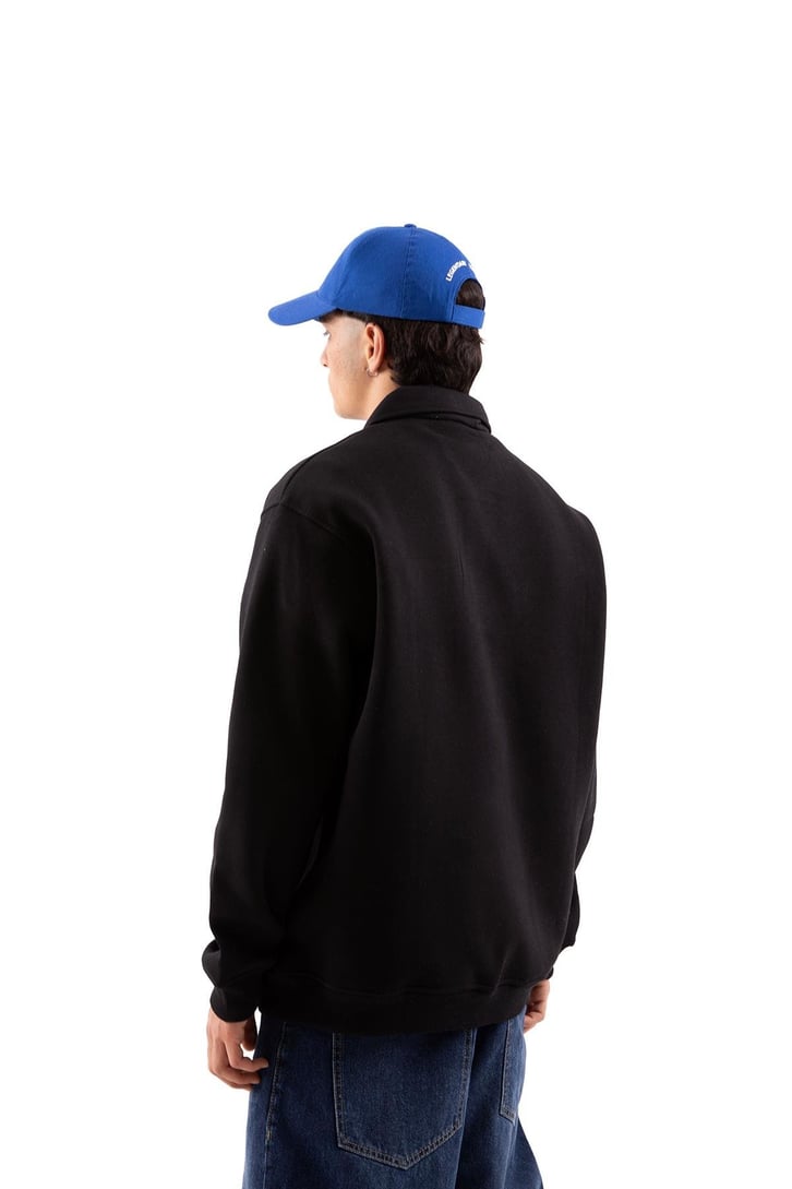 Champ Nakışlı Polo Yaka Siyah Oversize Sweatshirt