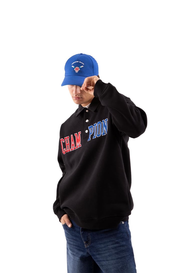 Champ Nakışlı Polo Yaka Siyah Oversize Sweatshirt