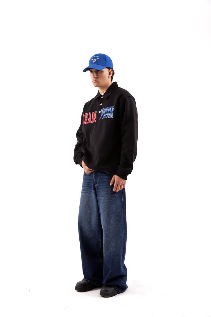 Champ Nakışlı Polo Yaka Siyah Oversize Sweatshirt