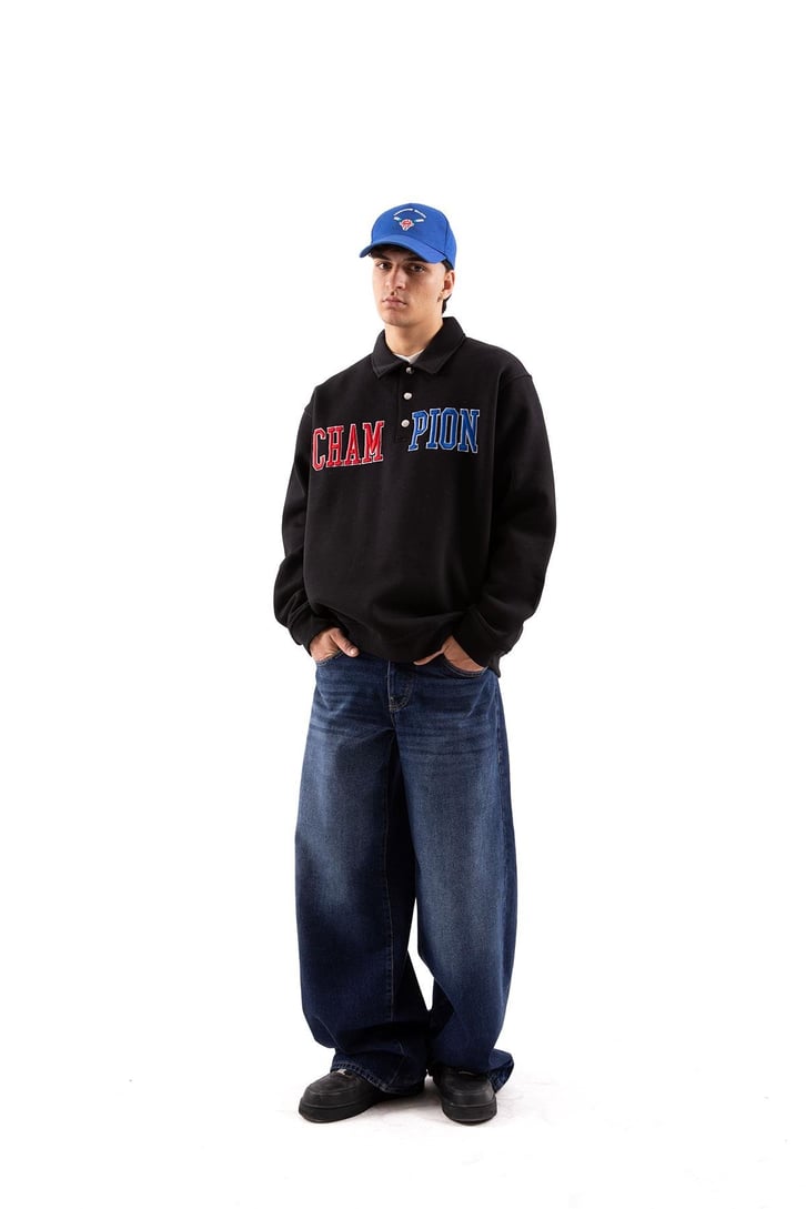 Champ Nakışlı Polo Yaka Siyah Oversize Sweatshirt