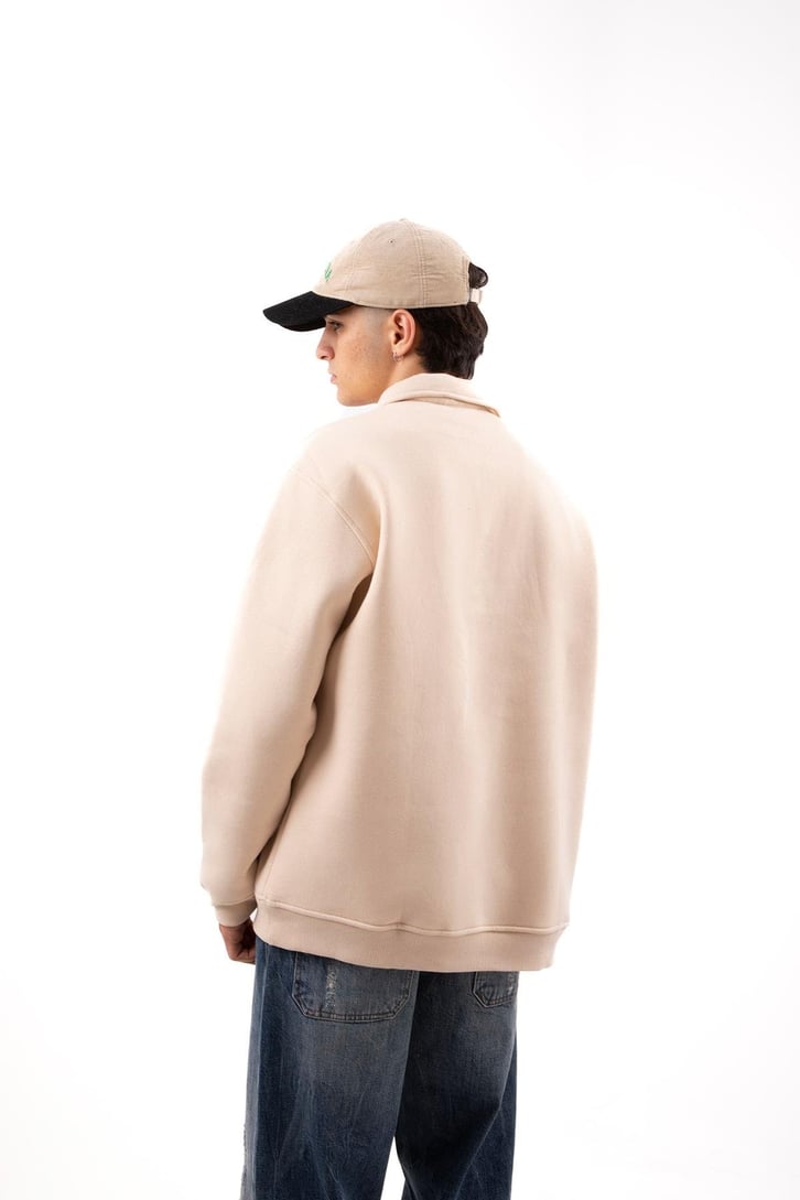 Champ Nakışlı Polo Yaka Taş Rengi Oversize Sweatshirt