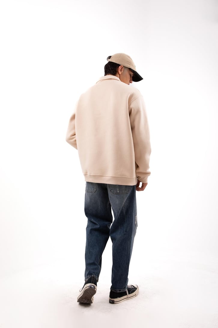 Champ Nakışlı Polo Yaka Taş Rengi Oversize Sweatshirt