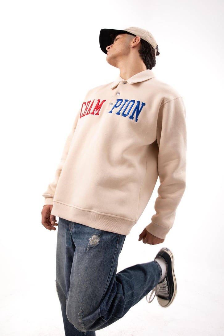 Champ Nakışlı Polo Yaka Taş Rengi Oversize Sweatshirt