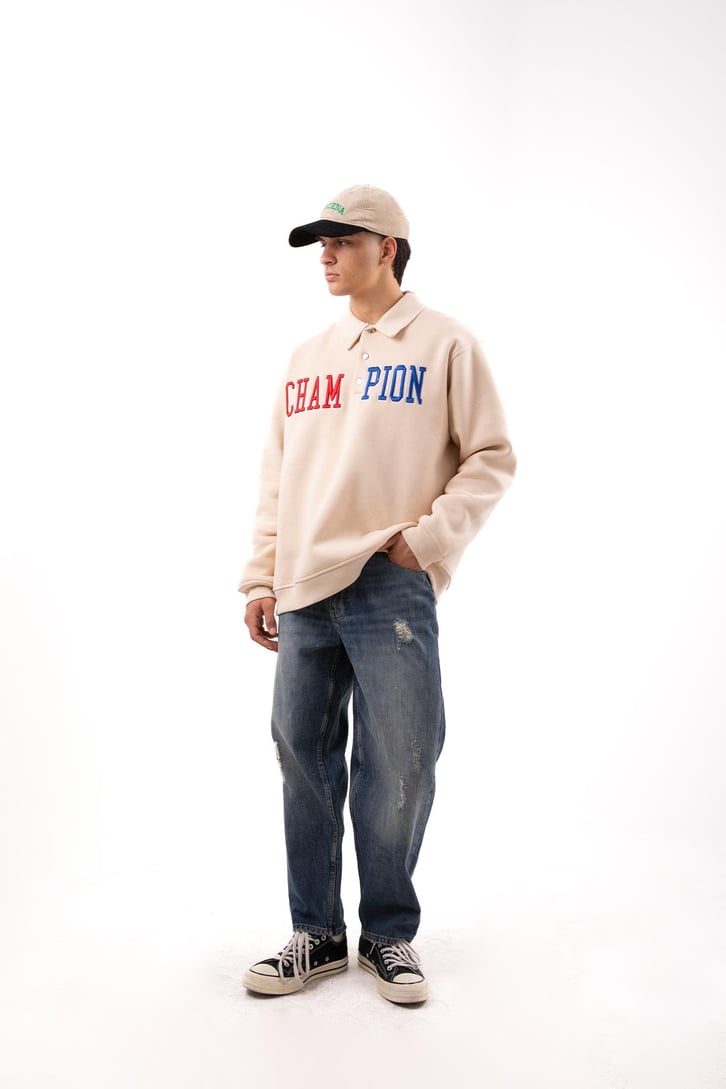 Champ Nakışlı Polo Yaka Taş Rengi Oversize Sweatshirt