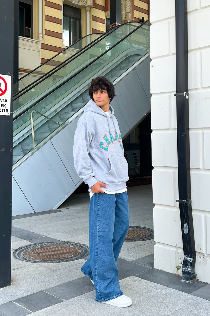 Change Baskılı Gri Melanj Oversize Sweatshirt