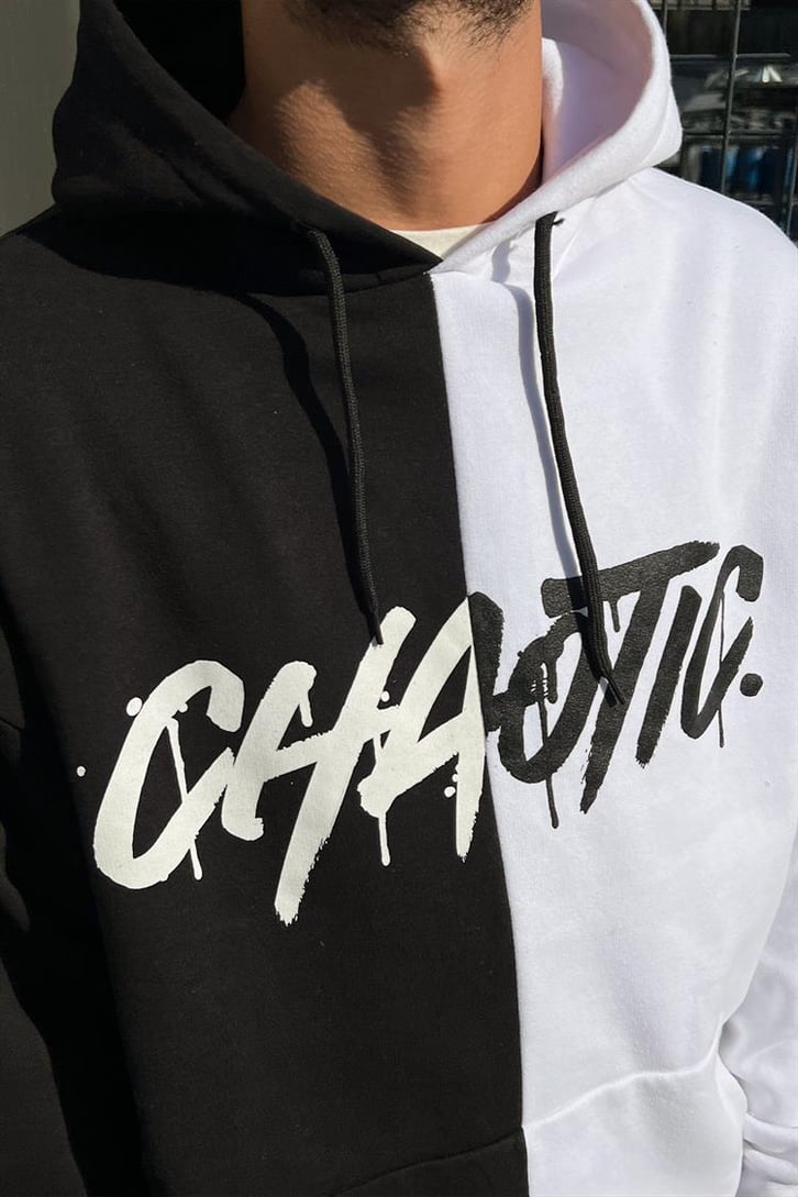 Chaotic Baskılı Parçalı Beyaz Hoodie