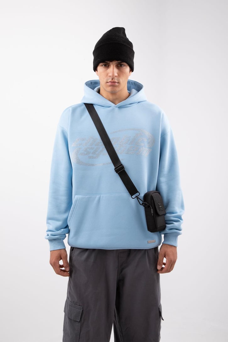 Chaotic System Taş İşlemeli Bebe Mavisi Oversize Hoodie