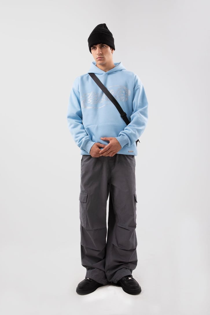 Chaotic System Taş İşlemeli Bebe Mavisi Oversize Hoodie