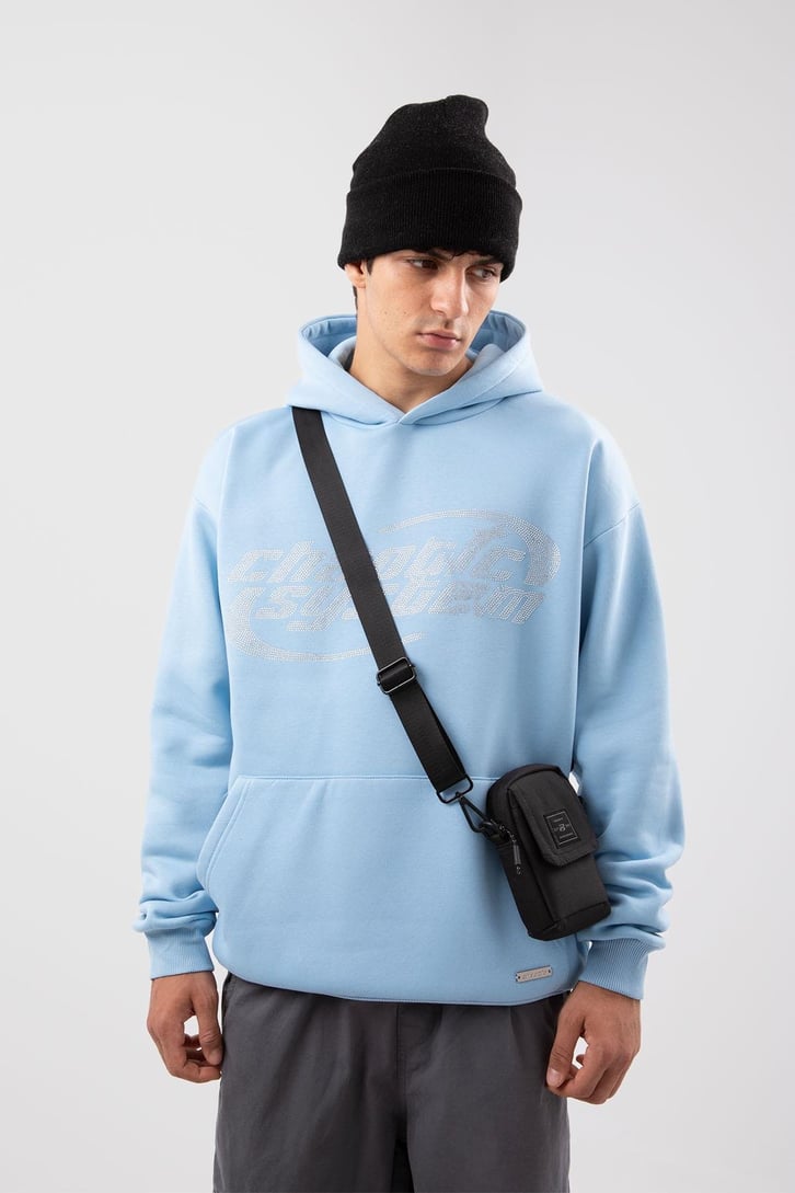 Chaotic System Taş İşlemeli Bebe Mavisi Oversize Hoodie
