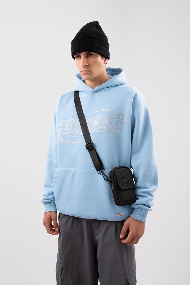 Chaotic System Taş İşlemeli Bebe Mavisi Oversize Hoodie
