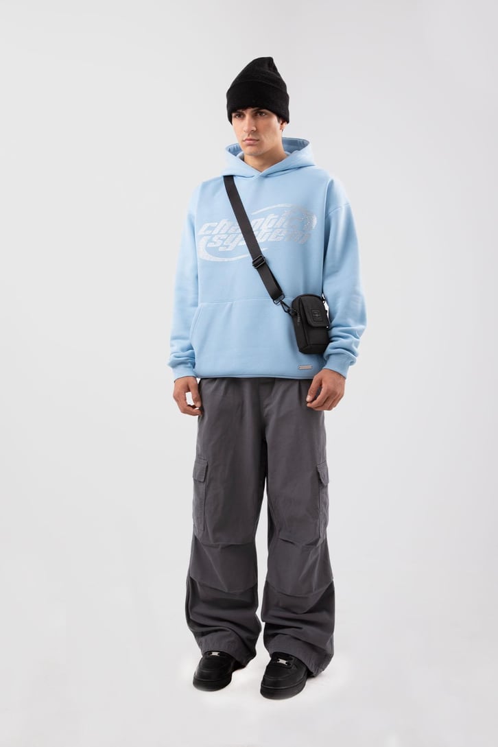 Chaotic System Taş İşlemeli Bebe Mavisi Oversize Hoodie
