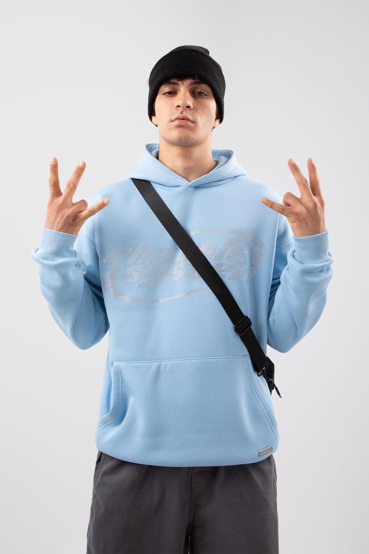 Chaotic System Taş İşlemeli Bebe Mavisi Oversize Hoodie