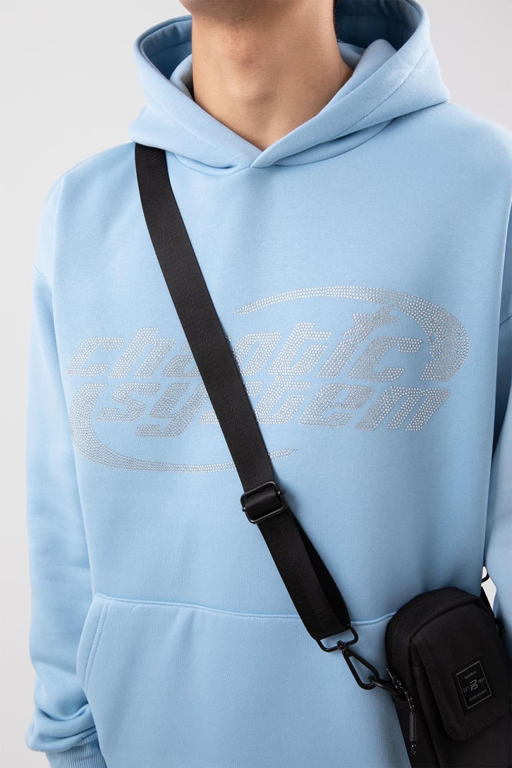 Chaotic System Taş İşlemeli Bebe Mavisi Oversize Hoodie