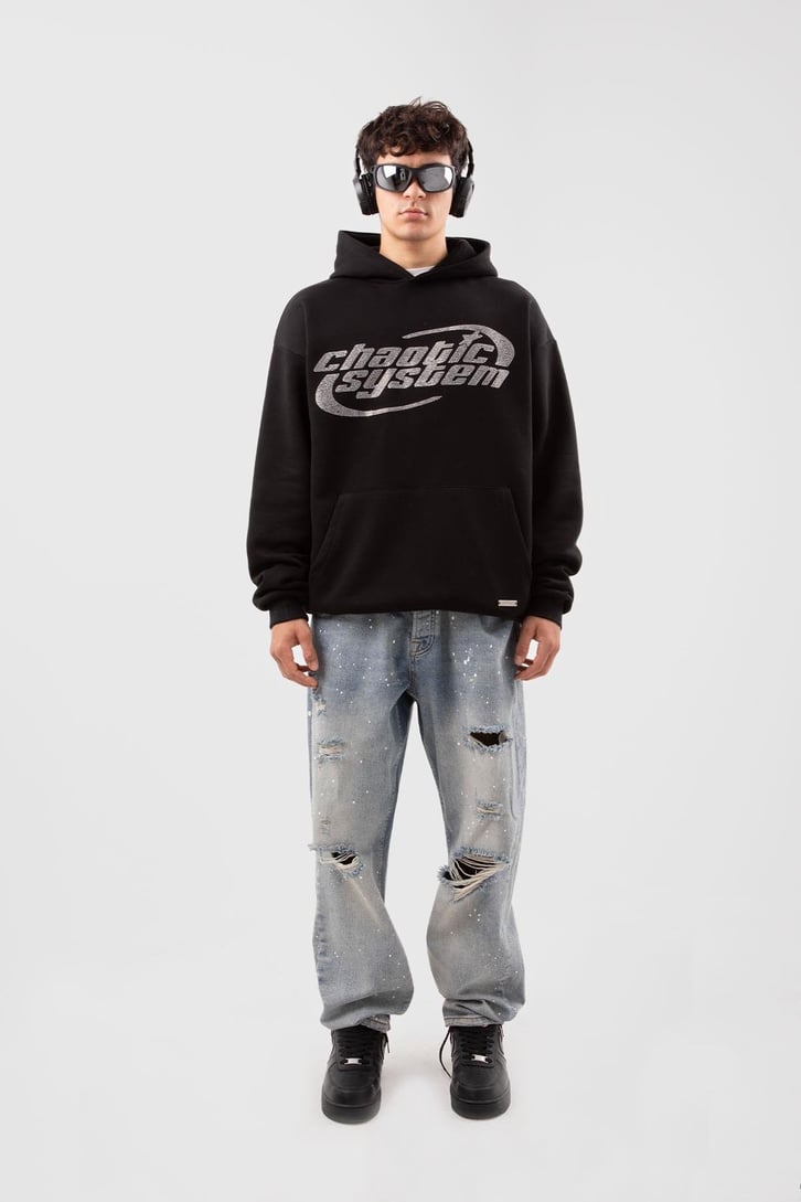 Chaotic System Taş İşlemeli Bebe Mavisi Oversize Hoodie