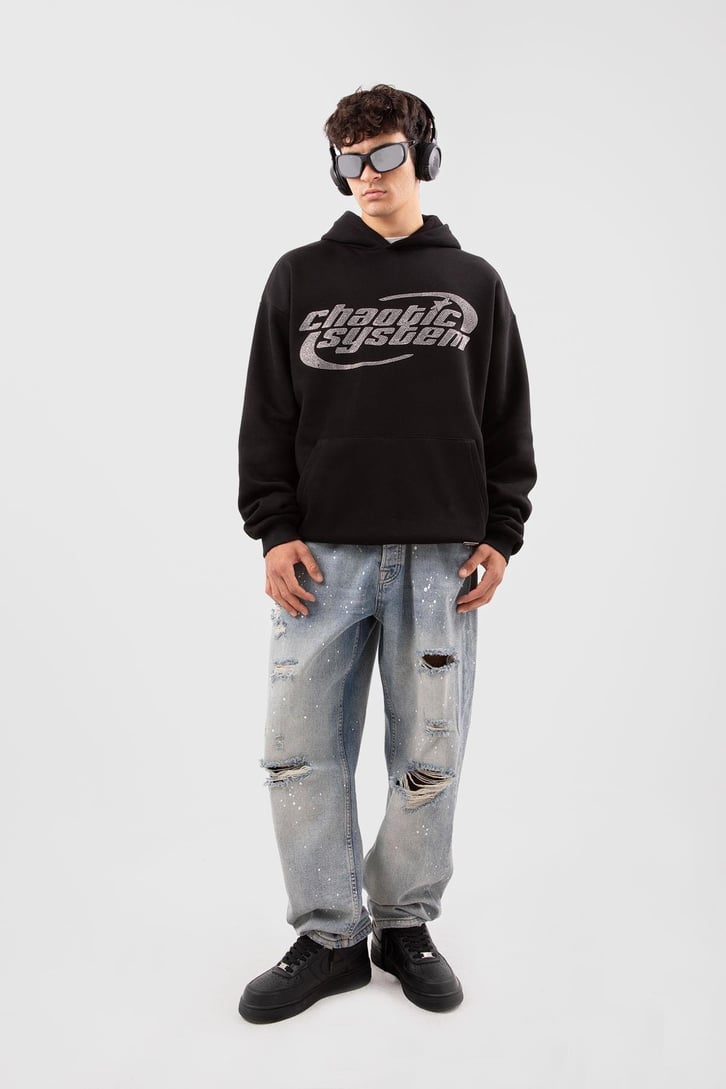 Chaotic System Taş İşlemeli Bebe Mavisi Oversize Hoodie