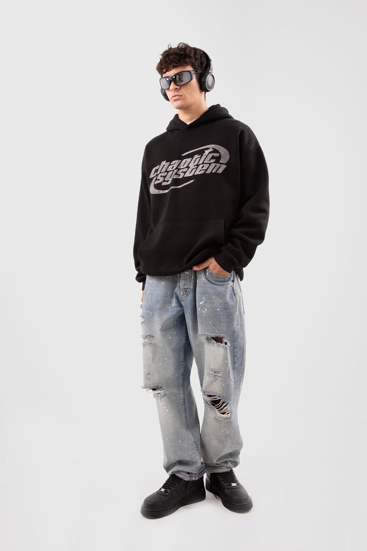 Chaotic System Taş İşlemeli Bebe Mavisi Oversize Hoodie