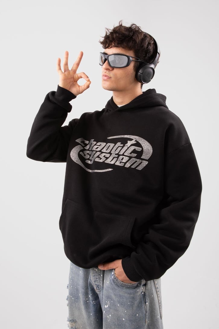 Chaotic System Taş İşlemeli Bebe Mavisi Oversize Hoodie