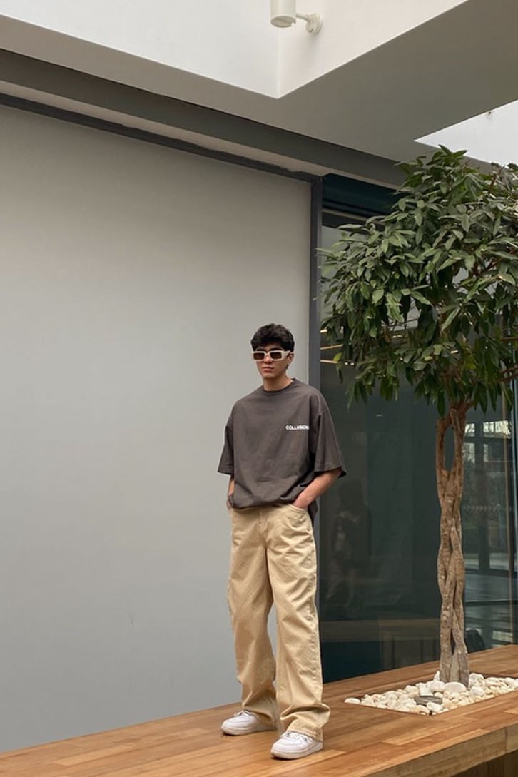 Checker Pattern Beige Baggy Pant