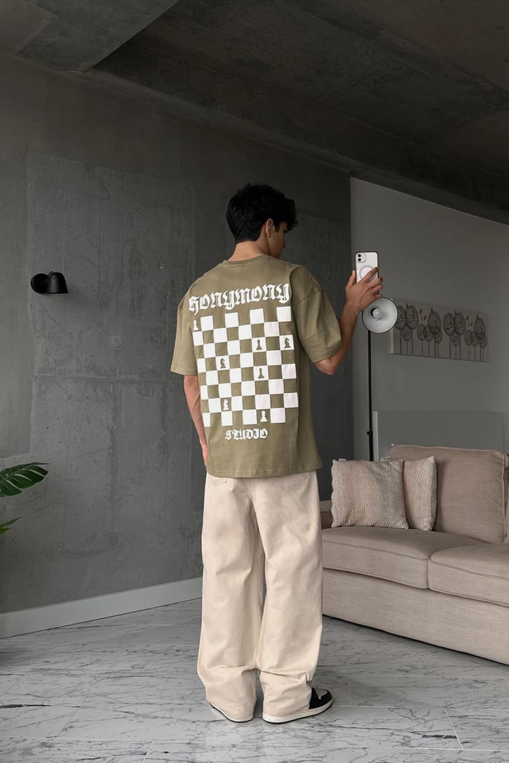 Chess Baskılı Haki Oversize Tişört