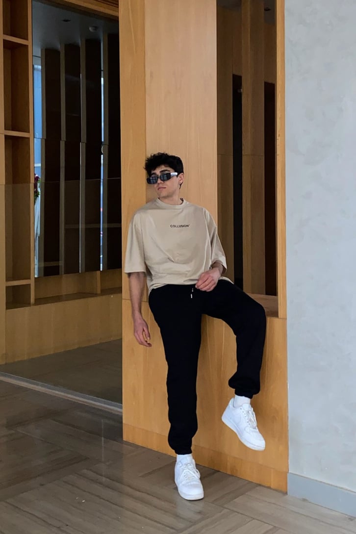 Chest Logo Flame Printed Beige Oversize Tshirt