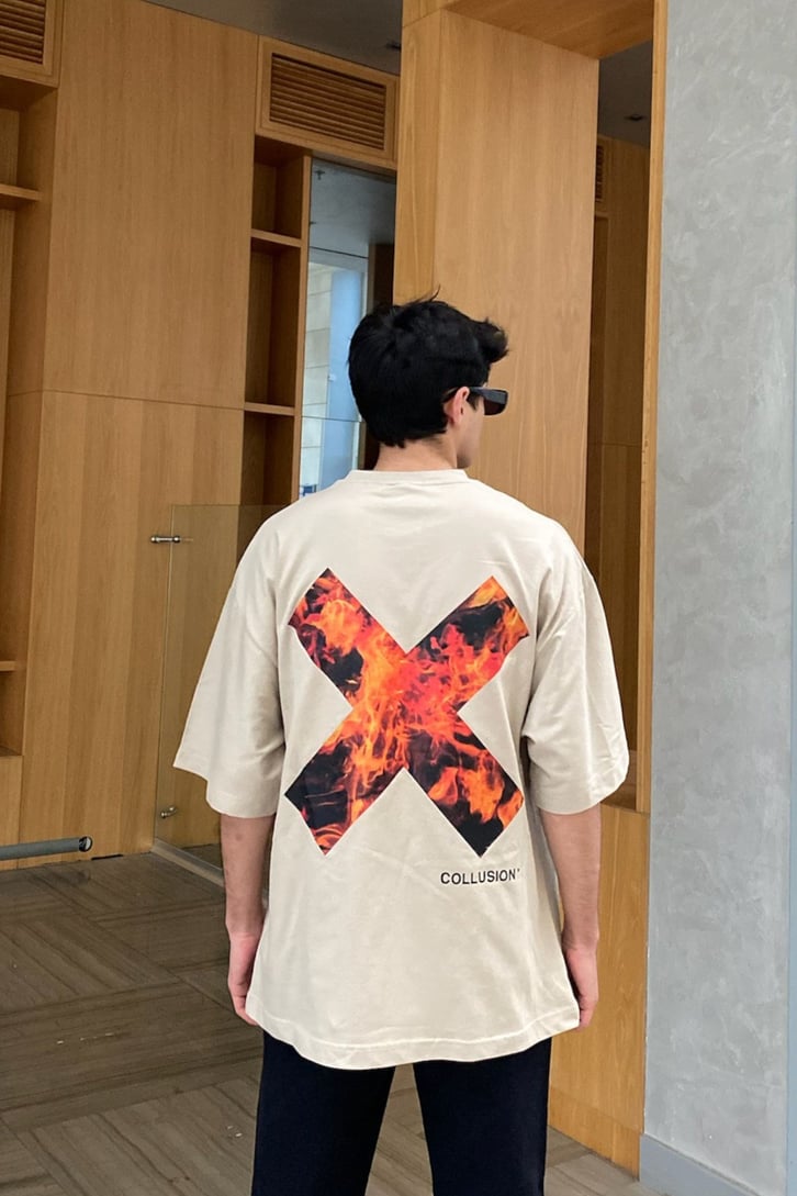 Chest Logo Flame Printed Beige Oversize Tshirt