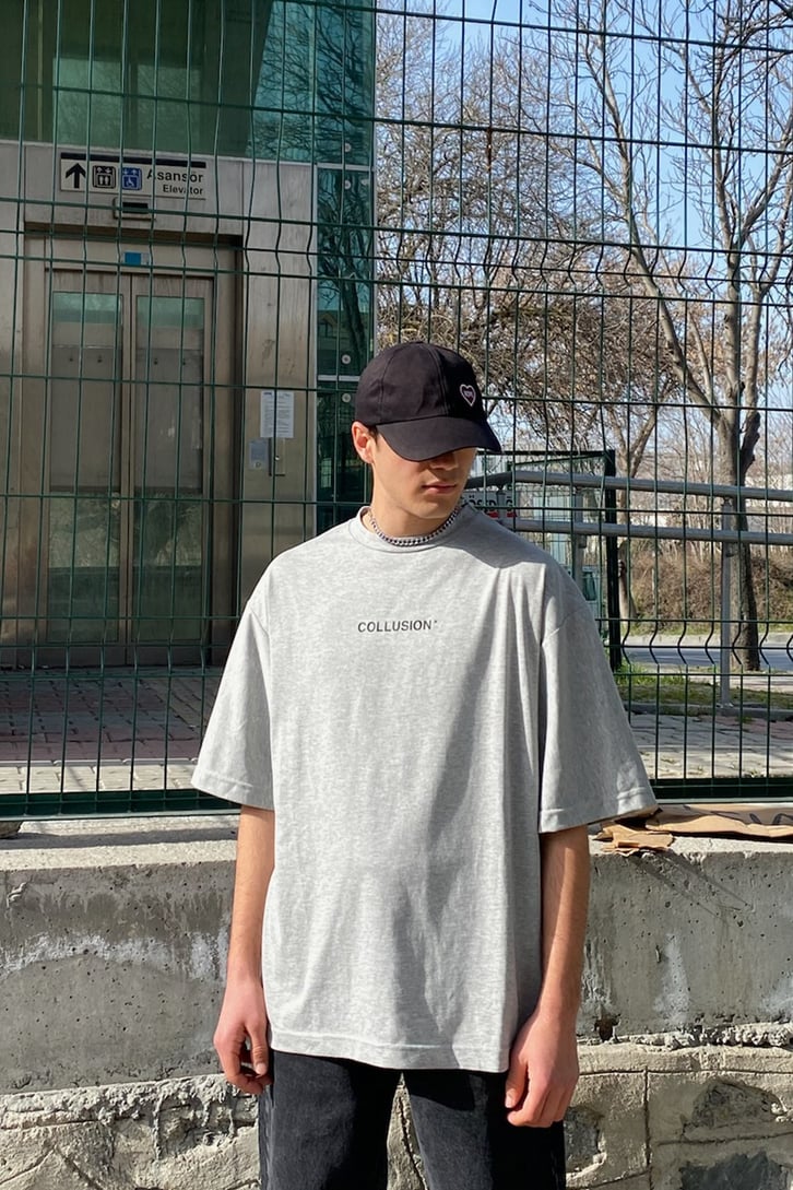Chest Logo Flame Printed Gri Oversize Tshirt