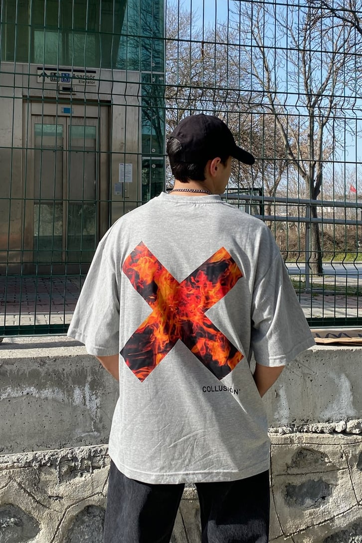 Chest Logo Flame Printed Gri Oversize Tshirt