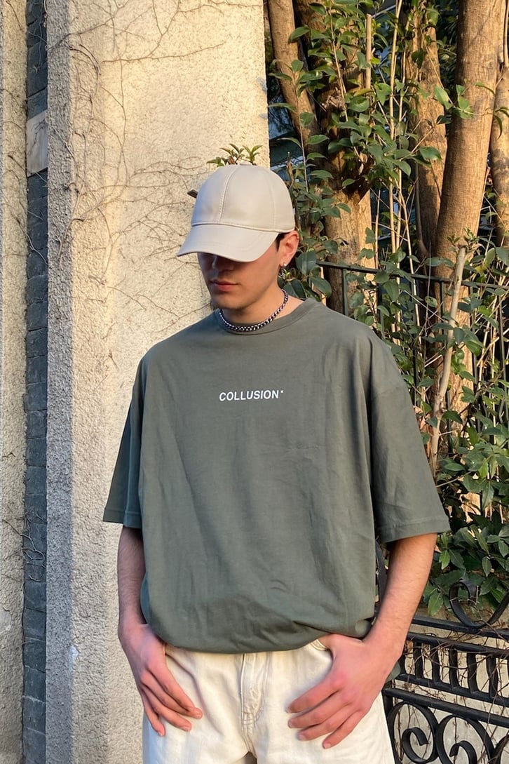 Chest Logo Flame Printed Oıl Green Oversize Tshirt