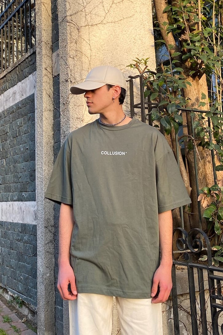 Chest Logo Flame Printed Oıl Green Oversize Tshirt