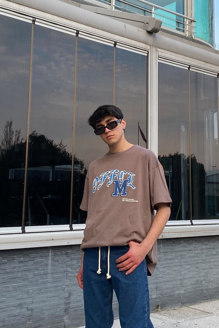Chest Logo Kahverengi Oversize Premium Tshirt