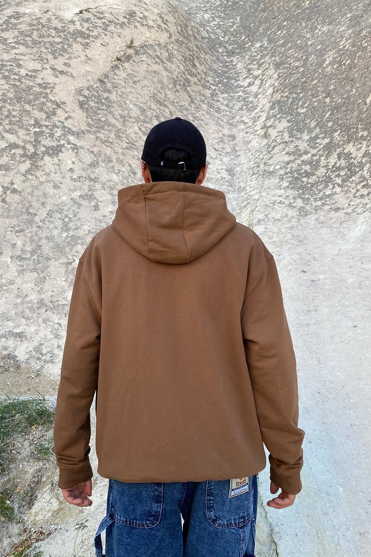 Chest Logo Printed Oversize Gri Hoodie
