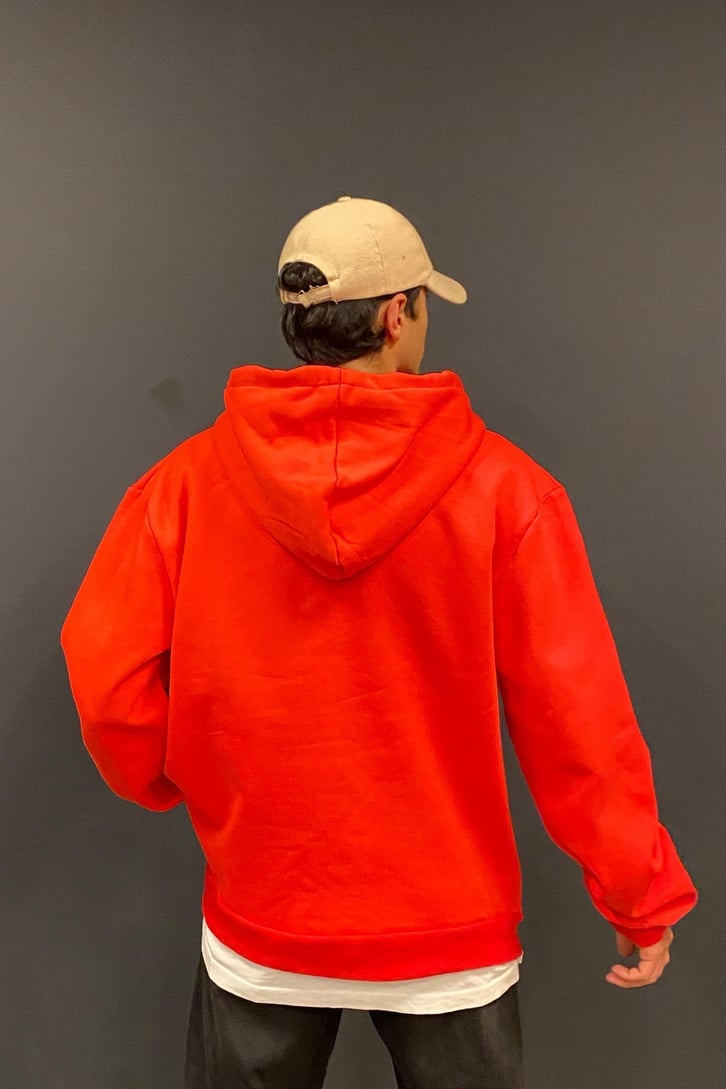 Chest Logo Printed Oversize Kırmızı Hoodie