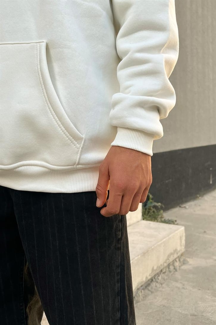 Chest Text Baskılı Beyaz İçi Pamuklu Oversize Hoodie