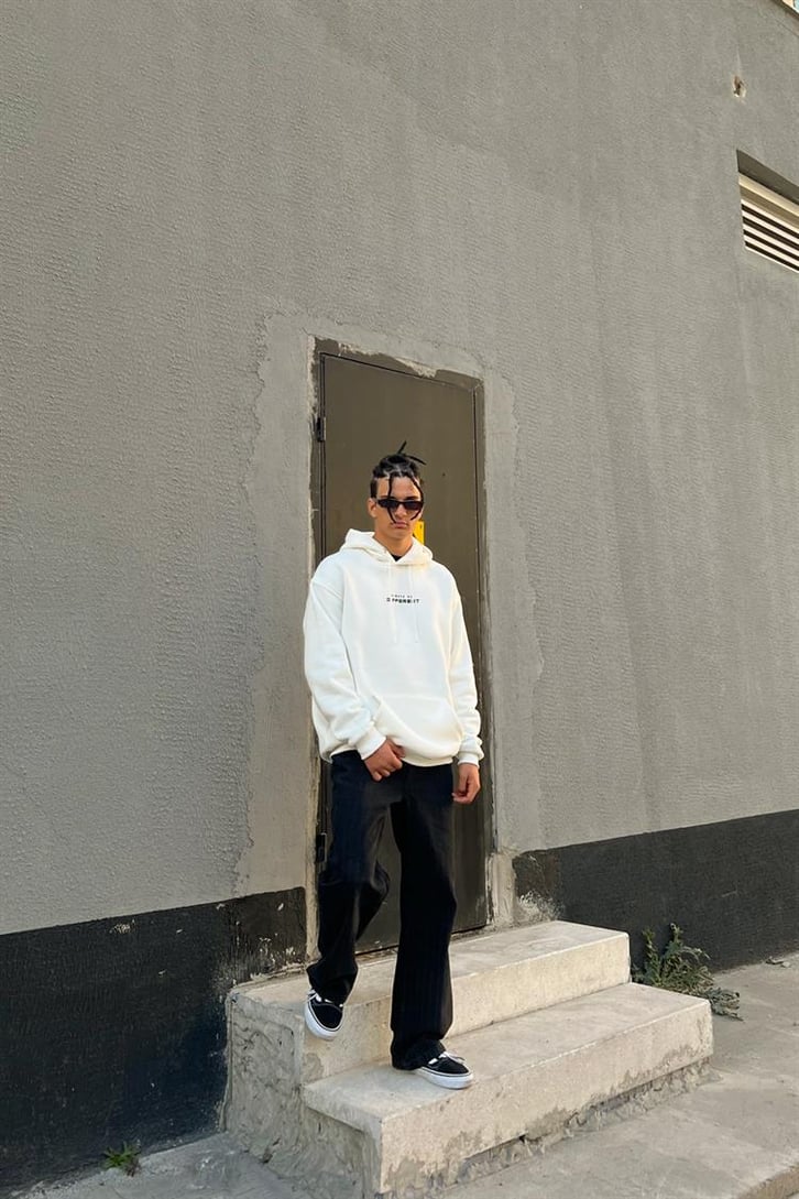 Chest Text Baskılı Beyaz İçi Pamuklu Oversize Hoodie